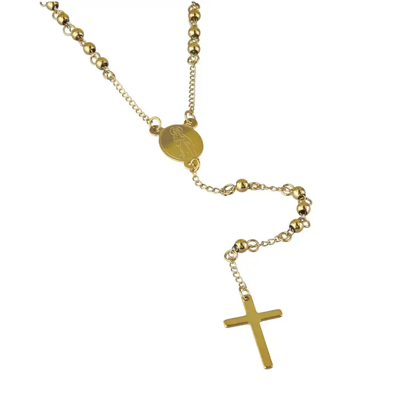 Collier chapelet en acier doré avec coeur Apparition de Lourdes et Saint Benoit