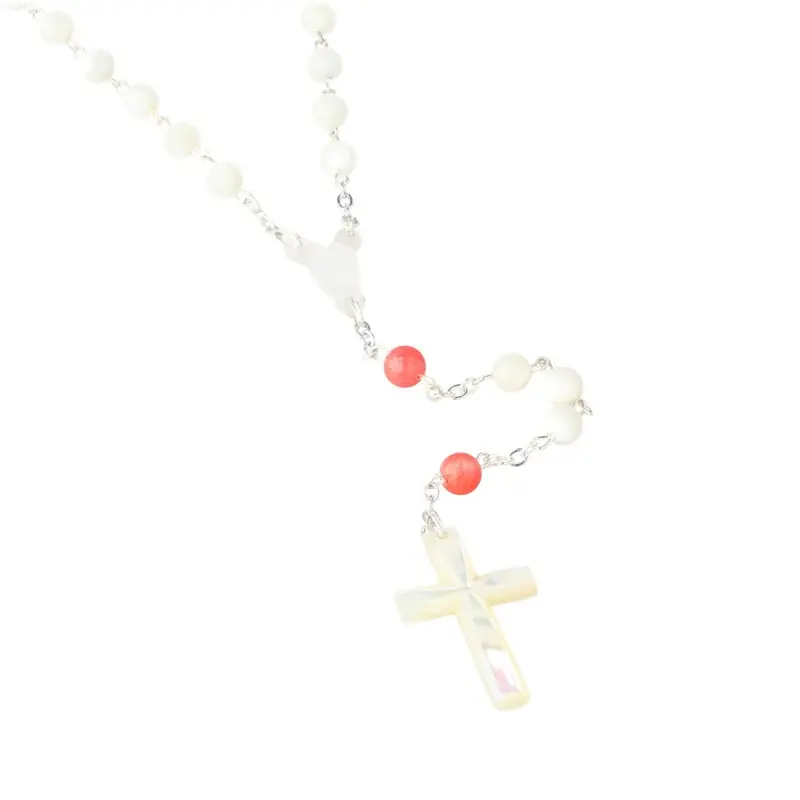 Chapelet en nacre avec paters corail rose et croix en nacre