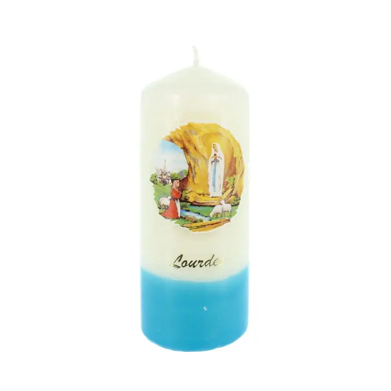 Bougie blanche et bleu de l'Apparition de Lourdes 5x11cm