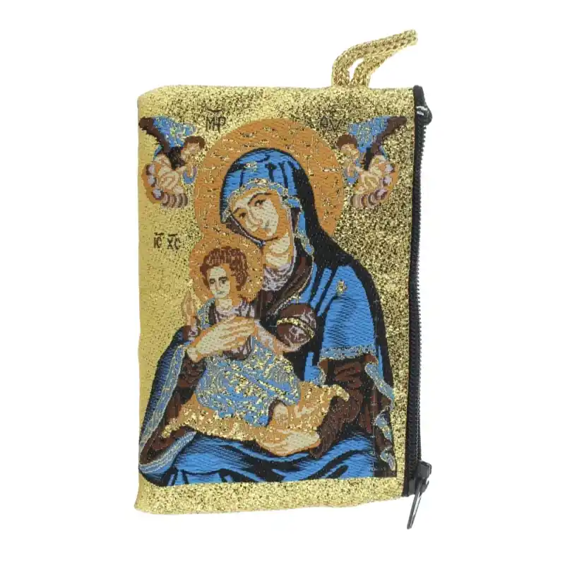 Etui à Chapelet en fil doré 10x7 cm décoré de la Vierge Bleue