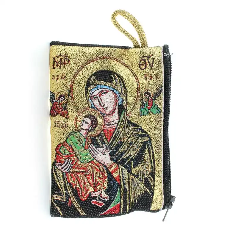 Etui à Chapelet en fil doré 10x7 cm décoré de la Vierge Noire