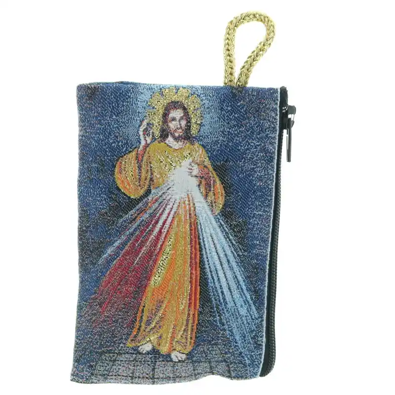 Etui à Chapelet en fil doré 10x7 cm décoré du Christ Miséricordieux