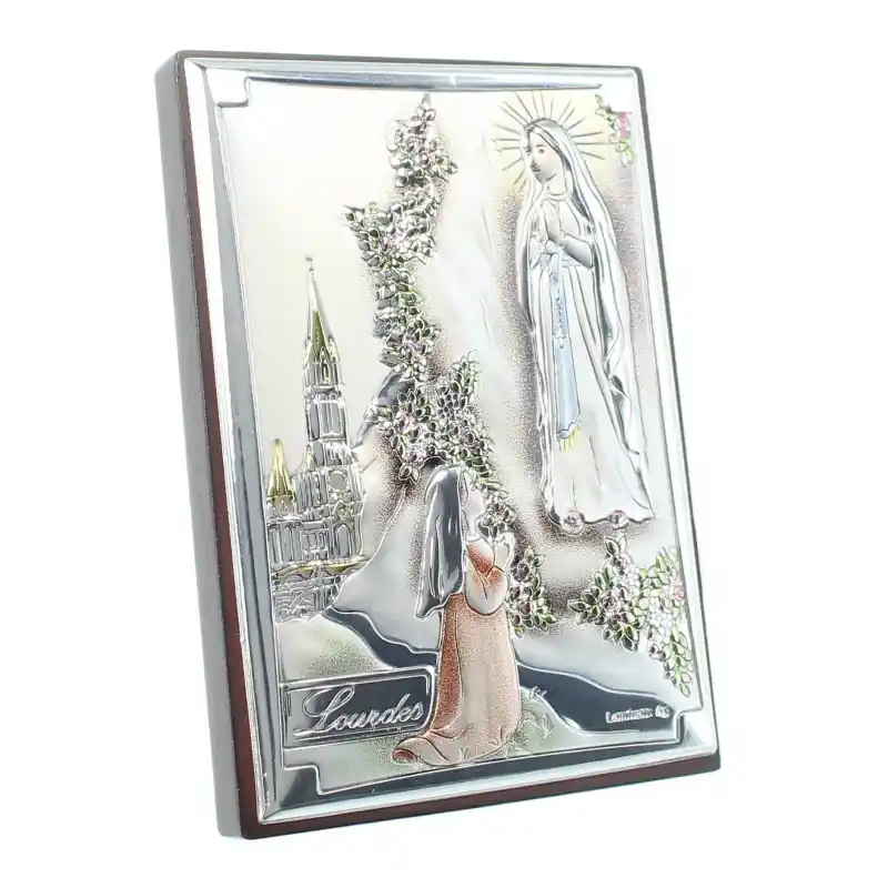 Cadre de l'Apparition de Lourdes colorisée en métal argenté sur bois 5x7cm