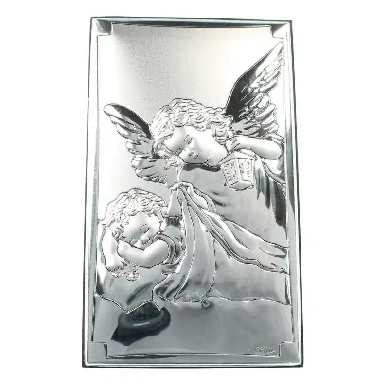 Cadre de l'Ange Gardien en métal argenté sur bois 6x11cm