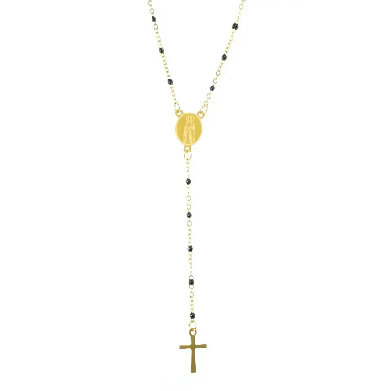 Collier Chapelet Notre Dame de Lourdes en acier doré avec perles noires