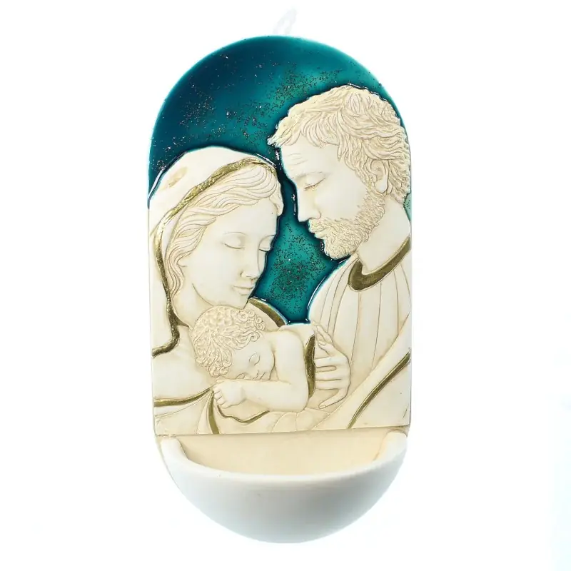 Bénitier de la Sainte Famille en résine avec fond bleu 15cm