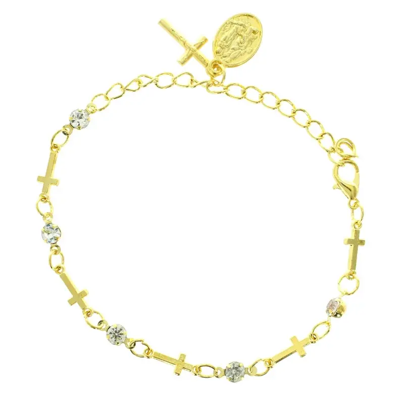 Bracelet avec chaîne dorée, strass et croix