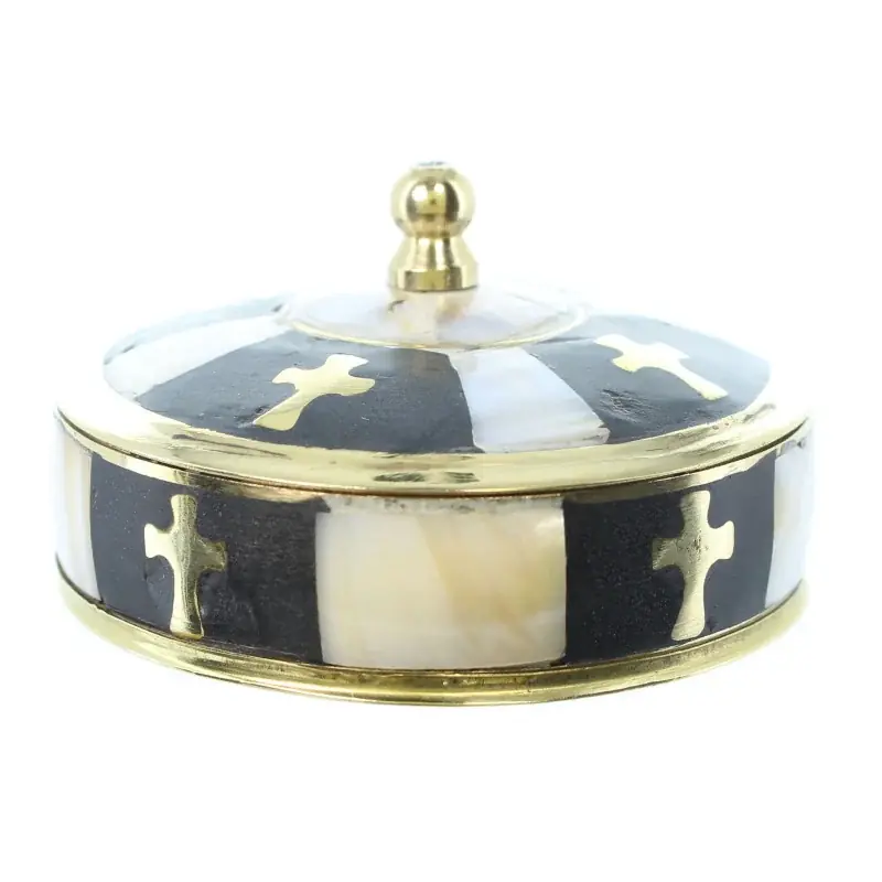 Boîte à chapelet ronde en nacre et laiton