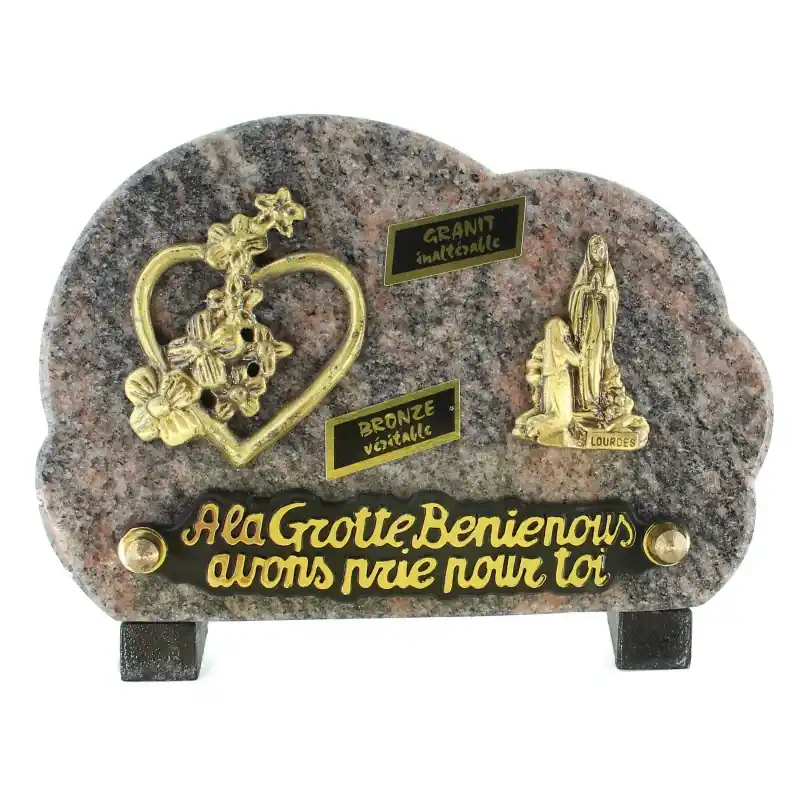 Plaque funéraire de l'Apparition en bronze et granit 18x14cm
