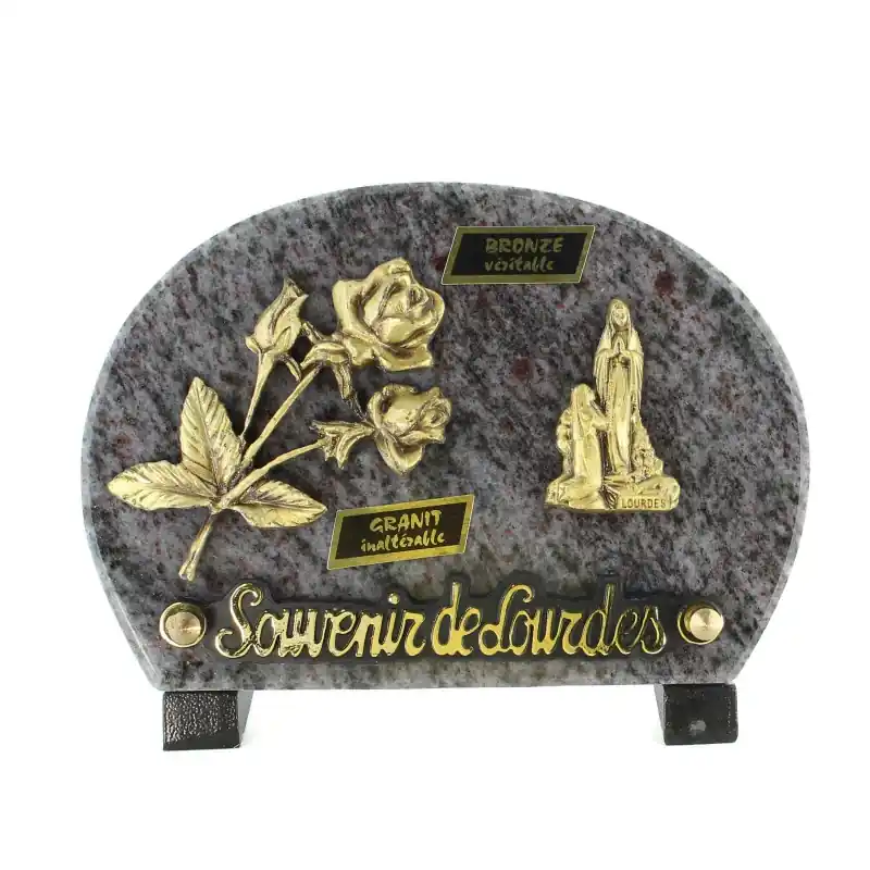 Plaque funéraire de l'Apparition avec une rose en bronze et granit 18x12cm