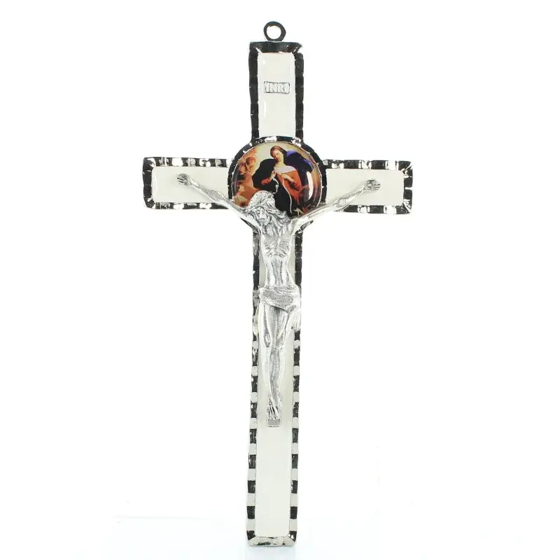 Croix Marie qui Défait les Noeuds en métal et fond blanc 10x18cm