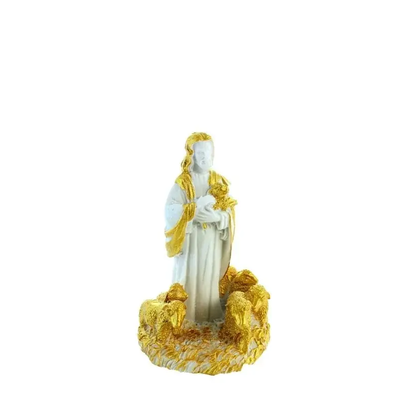 Statue de Jésus Berger blanche et dorée de 10cm