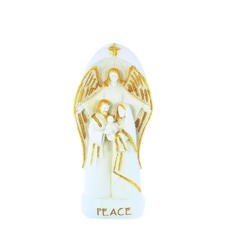 Statue blanche et dorée de la Sainte Famille et un ange 20cm