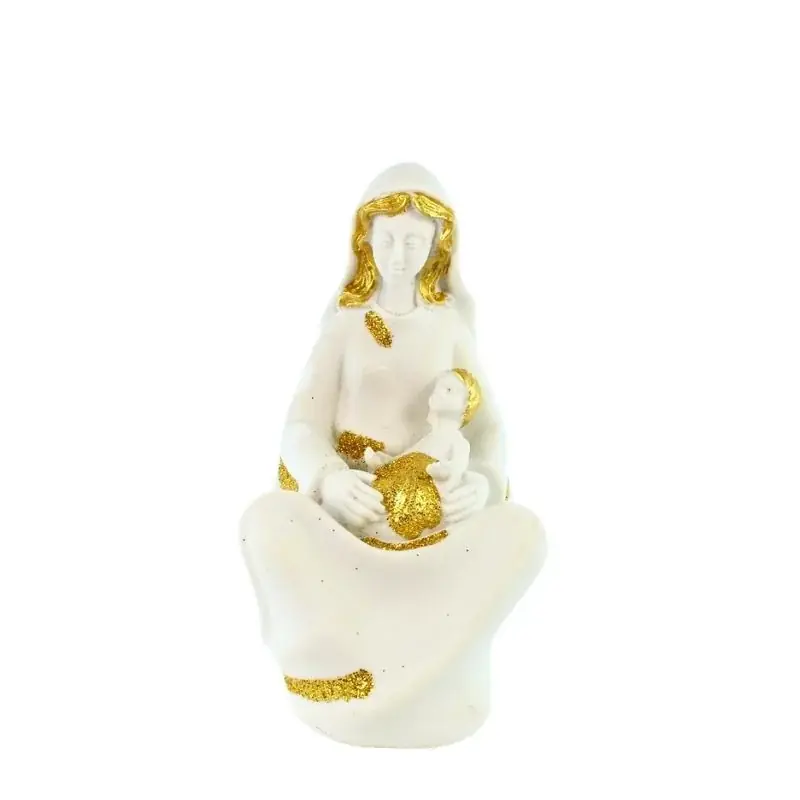 Statue de la Vierge à l'enfant blanche et doré pailleté de 13cm