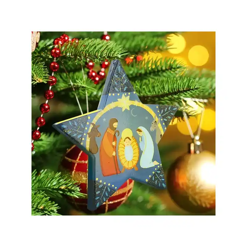 Décoration de sapin de la Sainte Famille en bois bleu