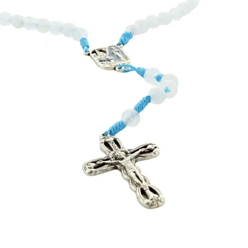 Chapelet de Lourdes en pierres d'agate blanche et corde bleue