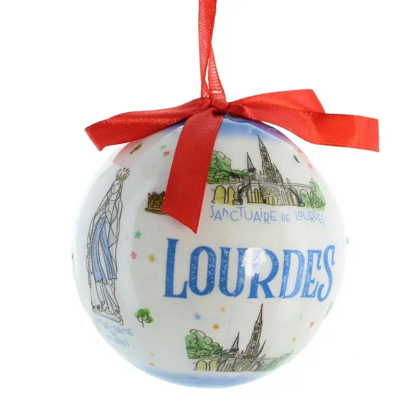 Boule de Noël de Lourdes et ruban rouge