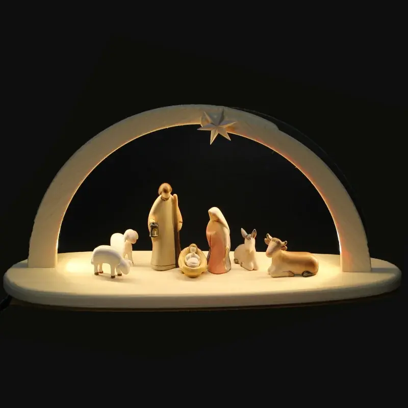 Crèche en bois de 22 cm et 9 pièces éclairage LED