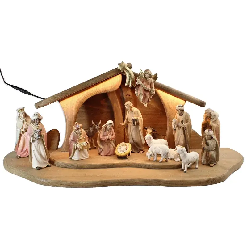 Crèche en bois 19 pièces éclairage LED 13 cm