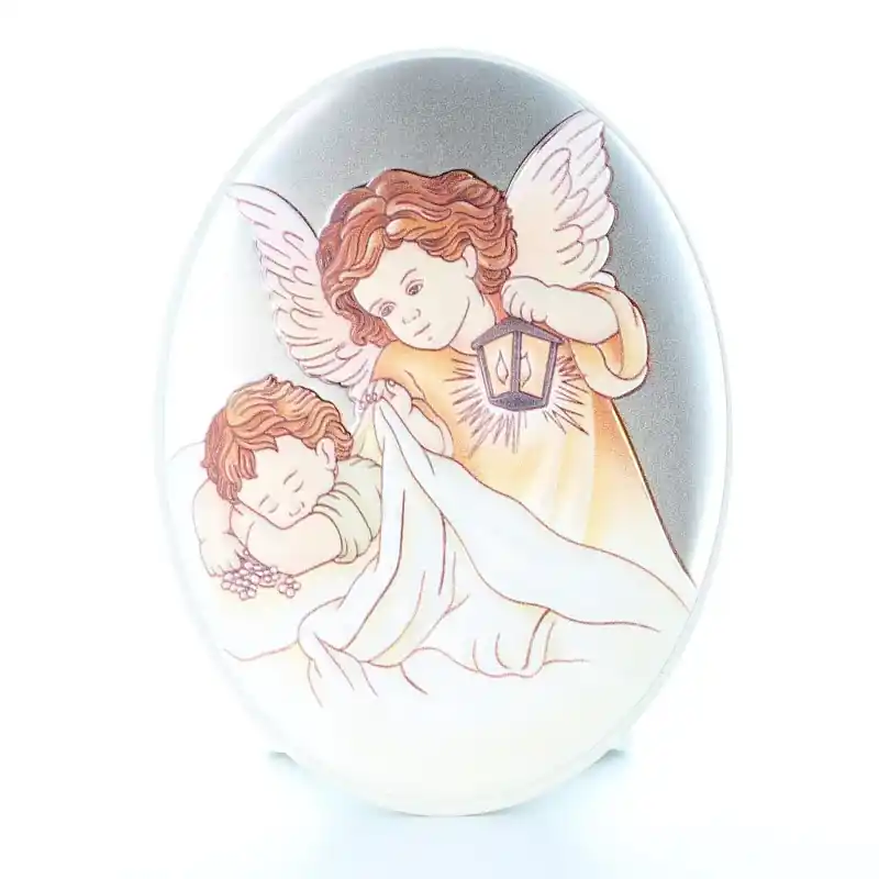 Cadre bois blanc ovale Ange lanterne 10x13cm