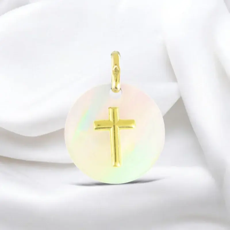 Médaille en nacre et croix en Or 18 carats 16mm