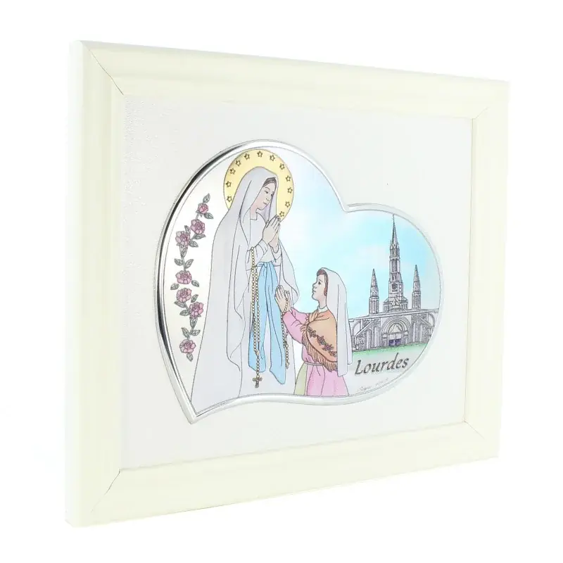 Cadre de l'Apparition de Lourdes en bois et métal coloré 22x19cm