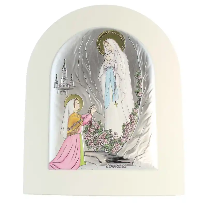 Cadre de l'Apparition de Lourdes en bois blanc et métal argenté 17x21cm