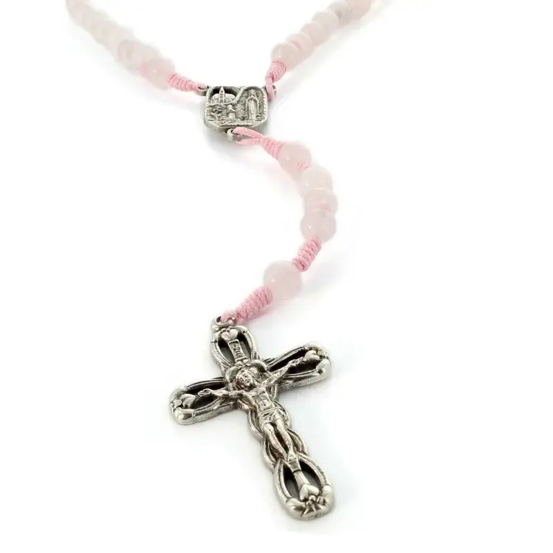 Chapelet de Lourdes en pierres d'Améthyste et corde rose avec médaille apparition de Lourdes