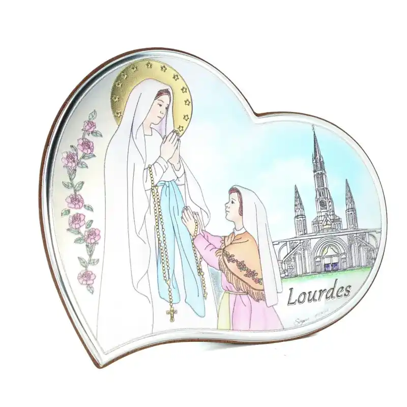 Cadre de l'Apparition de Lourdes en métal argenté et coloré 15x13cm