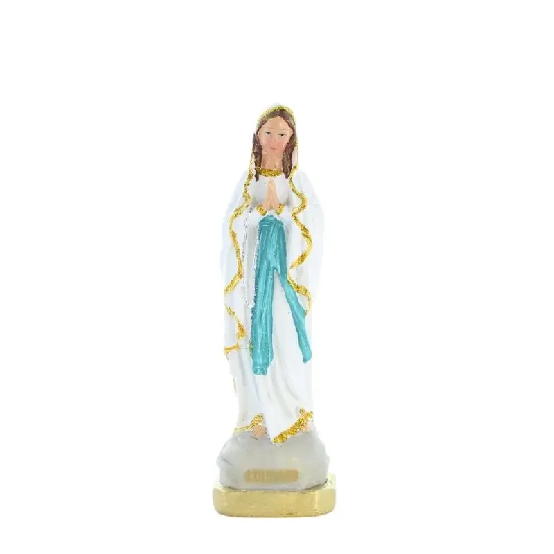 Statue Notre Dame de Lourdes en résine colorée avec liseret en paillettes dorées 15cm
