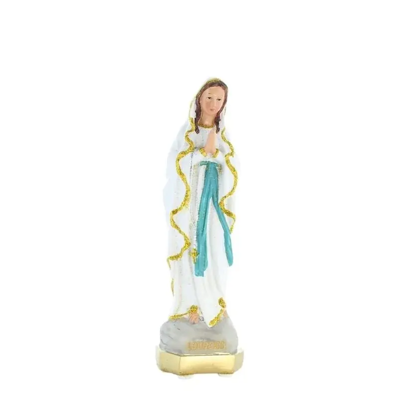 Statue Notre Dame de Lourdes en résine colorée avec paillettes dorées 20cm