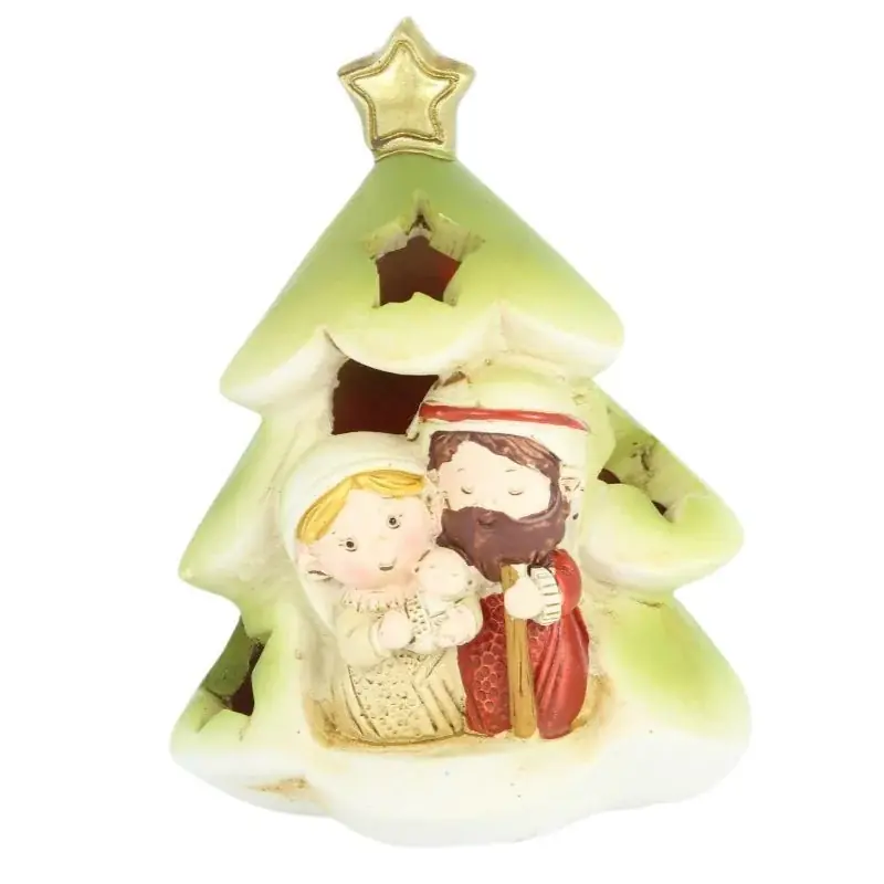 Crèche de Noël lumineuse de la Sainte Famille dans un sapin en résine 9cm