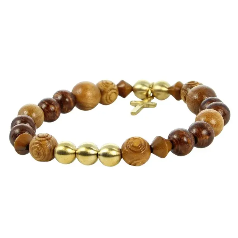 Bracelet bois, laiton et croix dorée