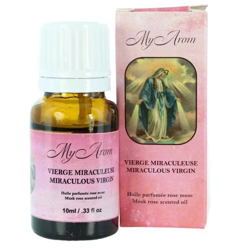 Huile essentielle religieuse Vierge Miraculeuse parfumée à la Rose Musc 10ml