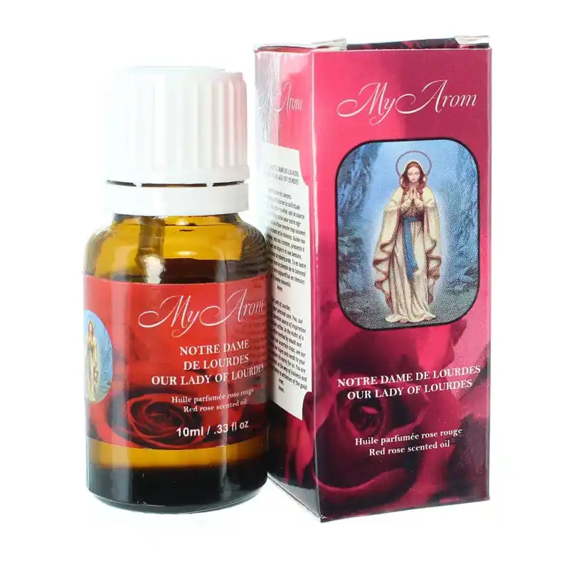Huile essentielle religieuse Notre Dame de Lourdes parfumée à la Rose rouge 10ml
