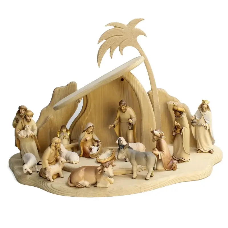 Crèche artisanale en bois de 17 pièces avec l'étable