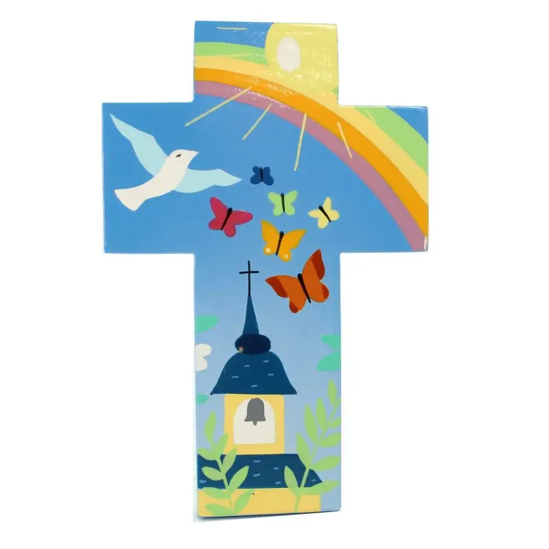 Croix pour enfant Clocher Arc-en-ciel 15 cm