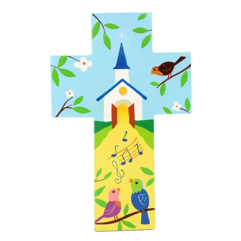 Croix pour enfant Église et pinsons 15 cm