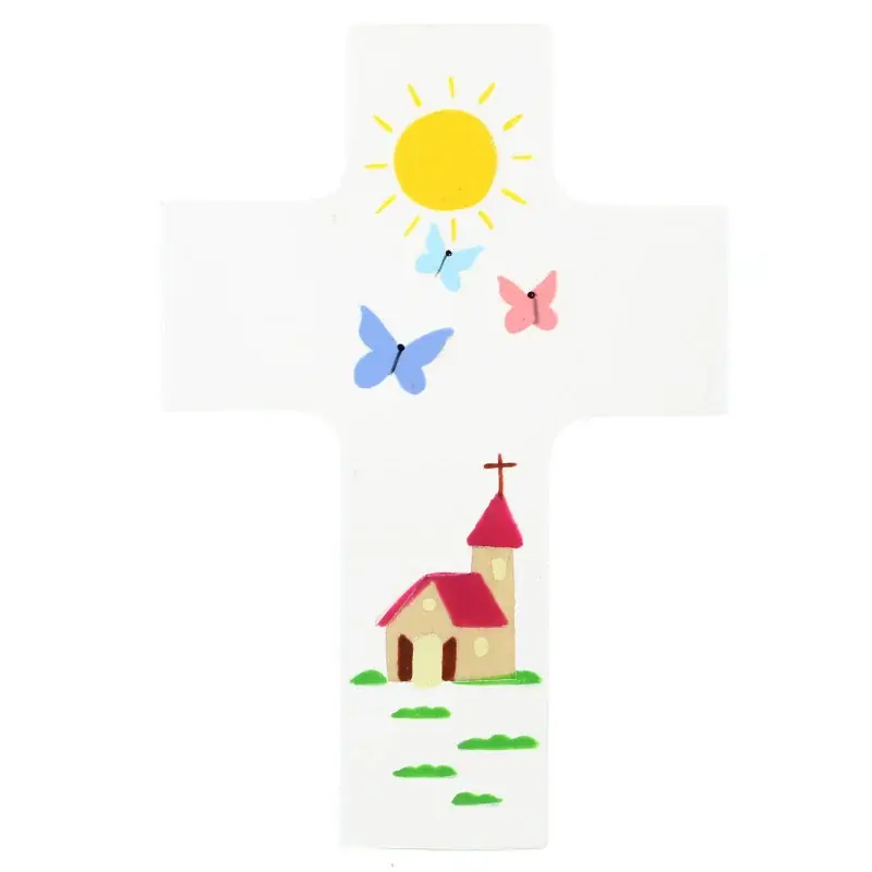 Croix pour enfant blanche Église et papillons 12 cm