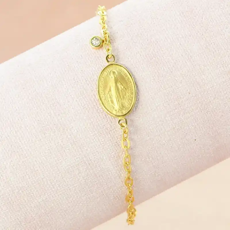 Bracelet en Plaqué Or avec médaille Miraculeuse de la rue du Bac et un strass