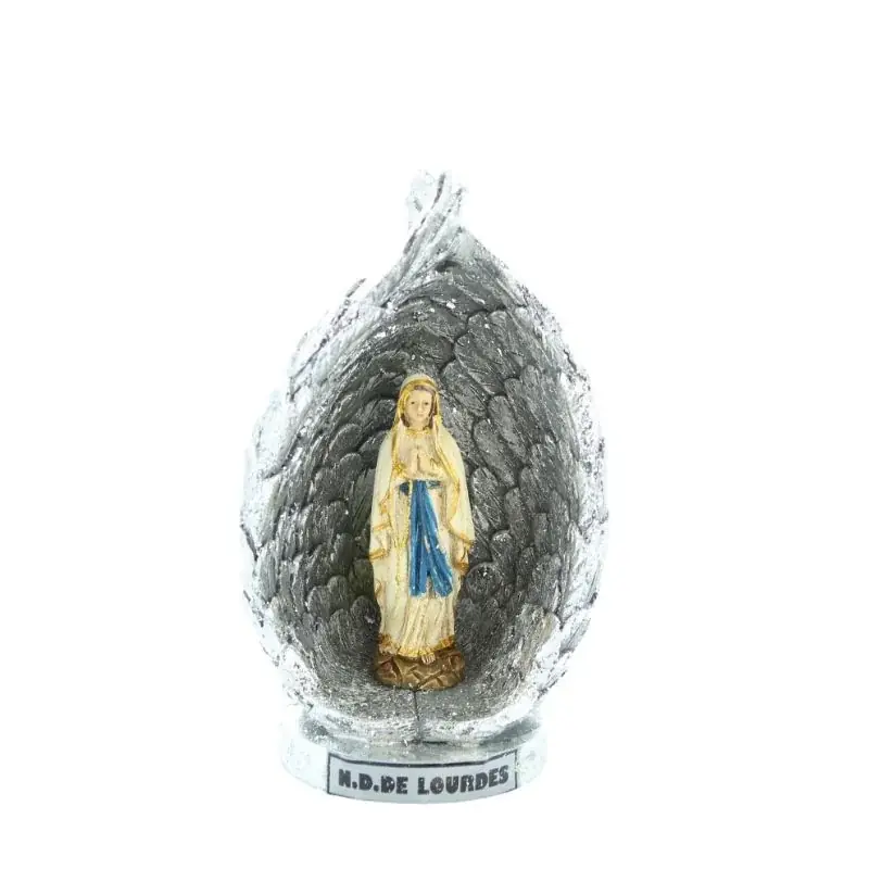 Statue de Notre Dame de Lourdes entourée d'ailes argentées en résine pailletée 12cm