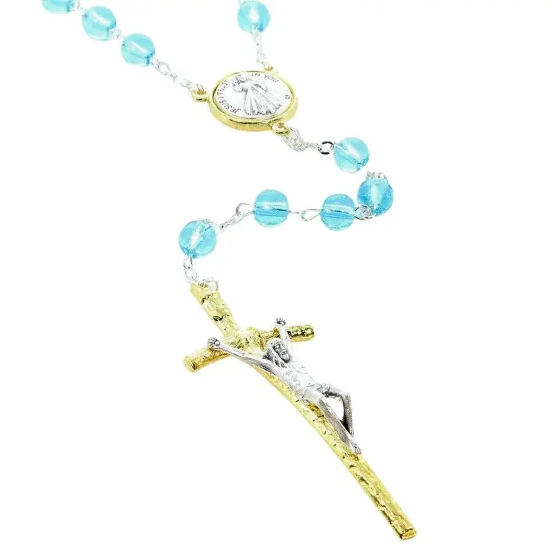 Chapelet du Christ Miséricordieux avec croix pastorale et grains en verre bleux et patters et coeur en métal bicolor