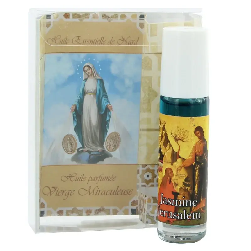 Huile essentielle de Nard de Jérusalem en roll-on à l'effigie de la Vierge Miraculeuse et parfum Jasmin
