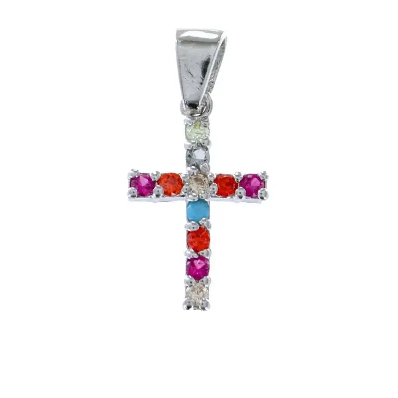 Pendentif Croix en argent et strass multicolores