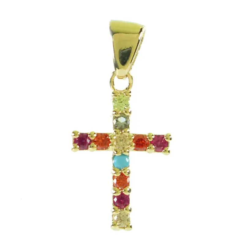 Pendentif Croix plaqué Or et strass colorés multicolores