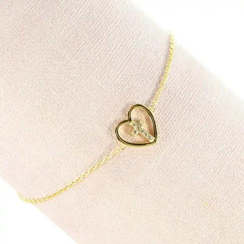 Bracelet Plaqué Or avec Coeur et Croix strass