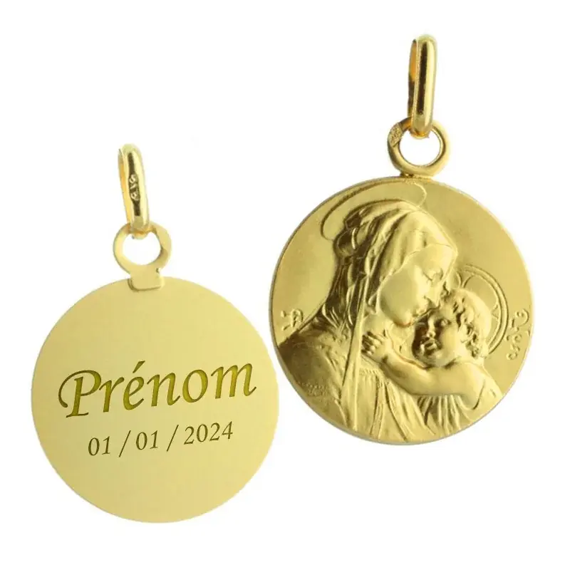 Médaille de la Vierge à l'Enfant Or - Baptême - Gravure Personnalisée - 16mm