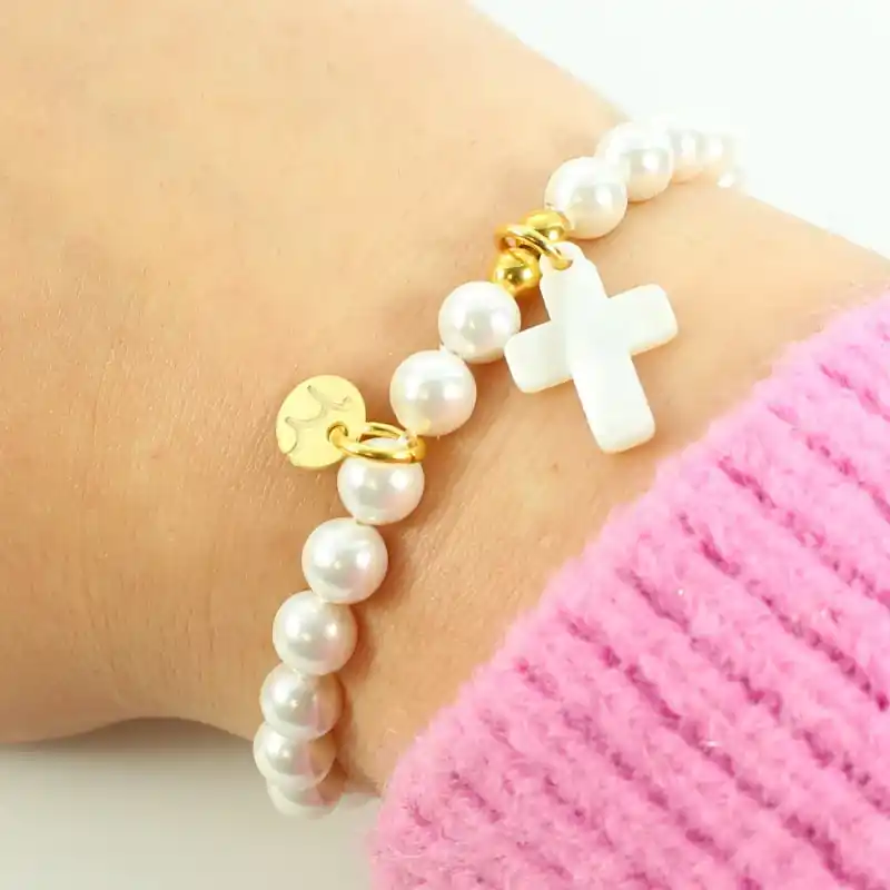 Bracelet de Communion en perles avec croix ou ange ou Vierge Marie