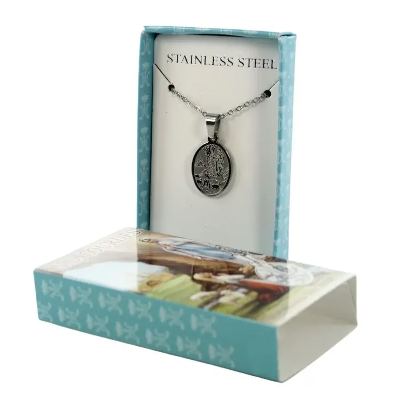 Collier en acier avec médaille de l'Apparition de Lourdes avec boîte imagée