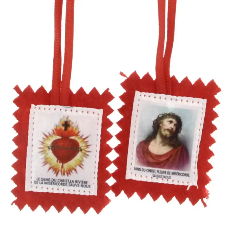 Collier scapulaire du Précieux Sang en tissu avec explication et prière
